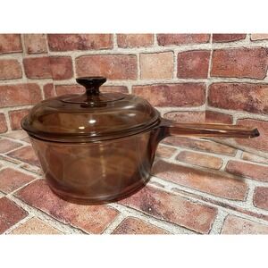 Visions Corning Ware Pyrex Cookware. 2.5 L Large Glass Amber Pot w/ Lid No Chips